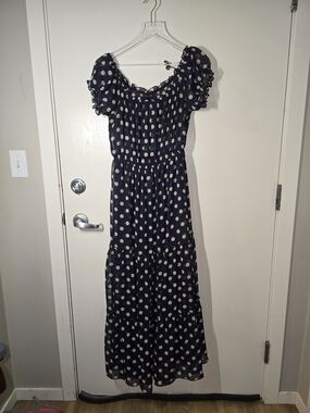 Navy & Cream Polka Dot Puff-Sleeve Maxi Dress